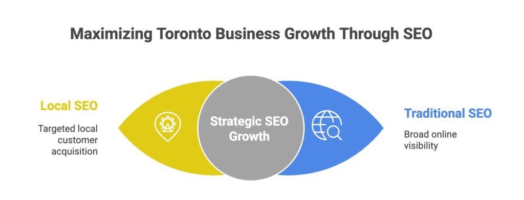 A Venn diagram showing Strategic SEO Growth in the center, with Local SEO (targeted local customer acquisition) on the left and Traditional SEO (broad online visibility) on the right. Title: Maximizing Toronto Business Growth Through SEO.