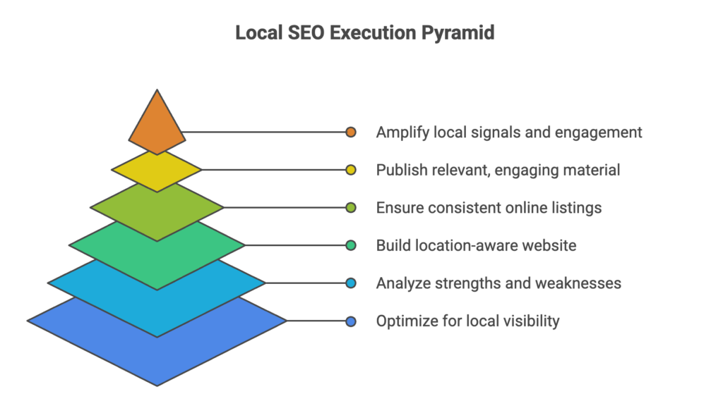 A six-level pyramid diagram titled Local SEO Execution Pyramid, listing steps from bottom to top: Optimize for local visibility, Analyze strengths and weaknesses, Build location-aware website, ensure consistent online listings, Publish relevant, engaging material, and Amplify local signals and engagement.