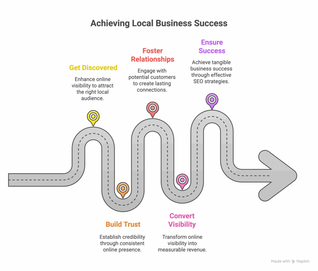 A winding road graphic with five milestones for achieving local business success: Get Discovered, Build Trust, Foster Relationships, Convert Visibility, and Ensure Success, each with brief descriptions and colored markers with best local SEO Company Toronto