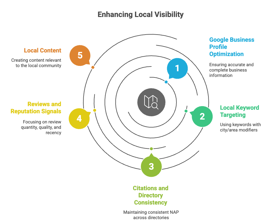 Infographic titled Enhancing Local Visibility with five steps: Google Business Profile Optimization, Local Keyword Targeting, Citations and Directory Consistency, Reviews and Reputation Signals, and Local Content, connected in a circular layout.