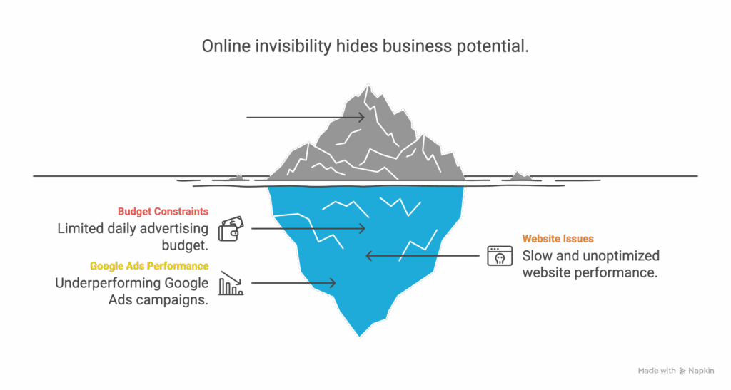 Infographic depicting online invisibilty before working with the Best Ad Agency Near Me Toronto Infographic depicting online invisibilty hides business potential before working with the Best Ad Agency Near Me Toronto
