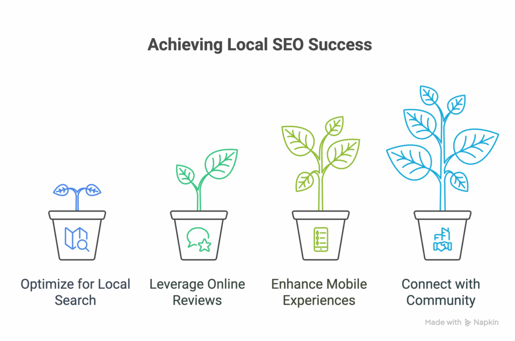 Four potted plants, each growing taller from left to right, represent steps to local SEO success: Optimize for Local Search, Leverage Online Reviews, Enhance Mobile Experiences, and Connect with Community.