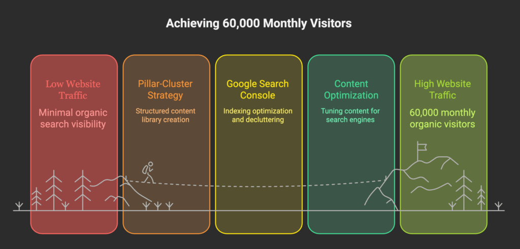 How a Toronto Car Cleaning Business Grew to 59.8K Monthly Organic Visitors 2 A five-stage diagram outlines steps from low website traffic to achieving 60,000 monthly organic visitors through strategy, optimization, and Google Search Console.