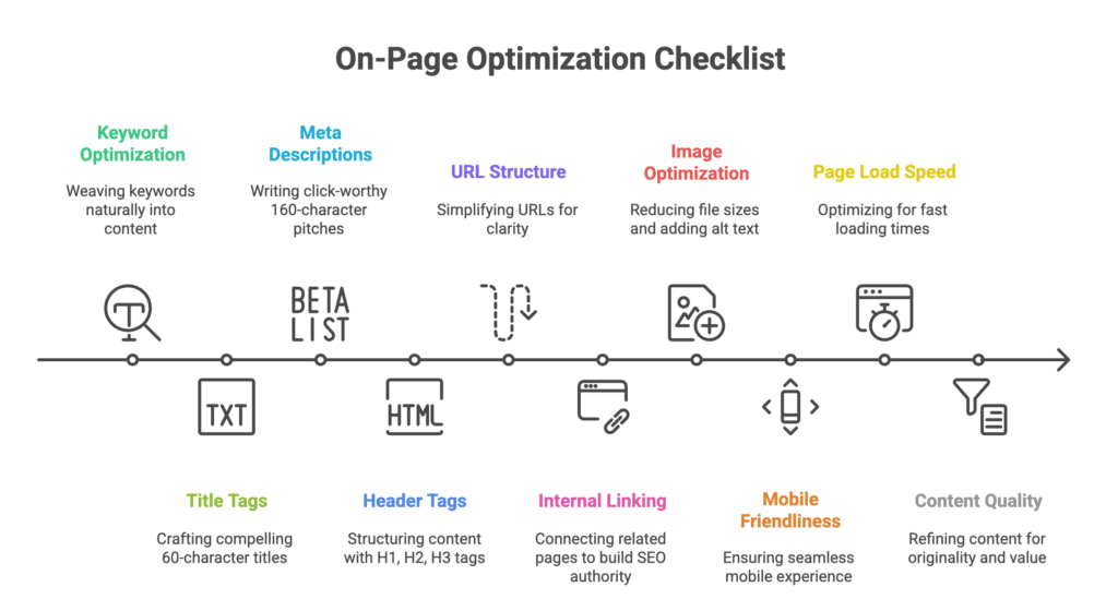 On-Page Optimization for New and Existing Content On-Page Optimization Checklist infographic showing key steps: keyword optimization, meta descriptions, URL structure, image optimization, page load speed, title tags, header tags, internal linking, and mobile friendliness.