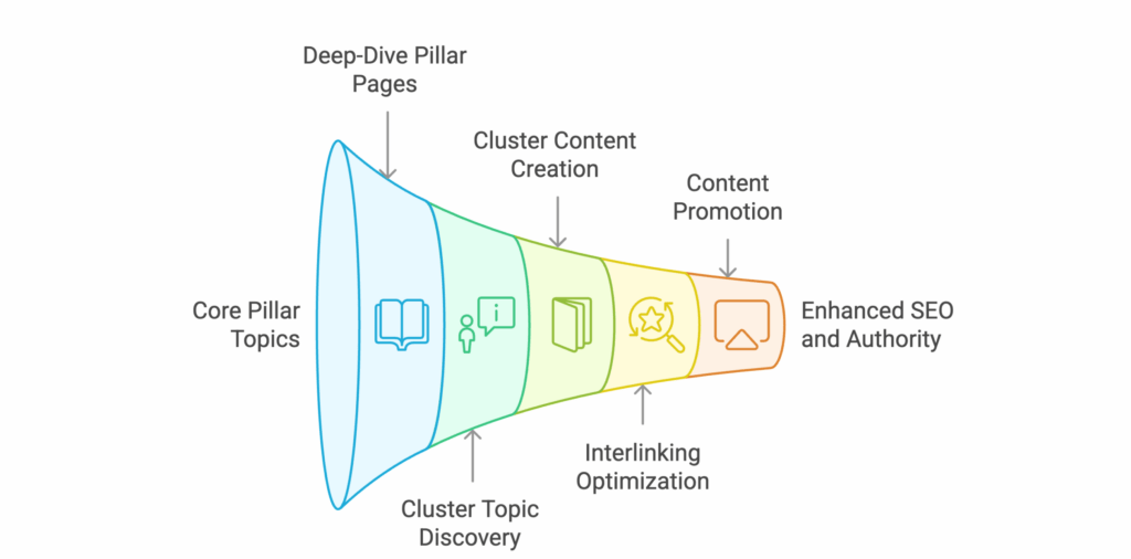 Winning Blog Strategy based on Cluster and Pillar Model A funnel diagram showing content strategy: Core Pillar Topics lead to Deep-Dive Pillar Pages, Cluster Topic Discovery, Cluster Content Creation, Interlinking Optimization, Content Promotion, then Enhanced SEO and Authority.