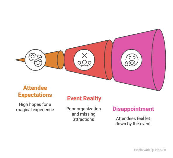 Wonka-experience A funnel diagram with three stages: Attendee Expectations (smiling faces), Event Reality (unhappy faces), and Disappointment (crying face). Each stage includes brief descriptive text.