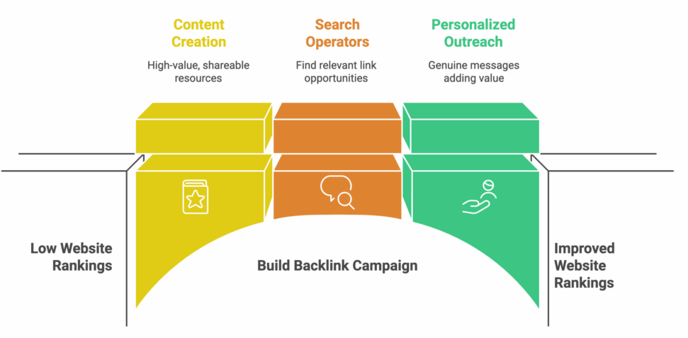 A diagram showing three pillars of a backlink campaign - Content Creation, Search Operators, Personalized Outreach - leading from low to improved website rankings for a car cleaning company.