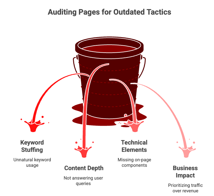 On-Page SEO Strategy in 2026: What Still Works and What's Completely Dead 3 Auditing web pages for outdated SEO tactics like keyword stuffing and missing technical elements.