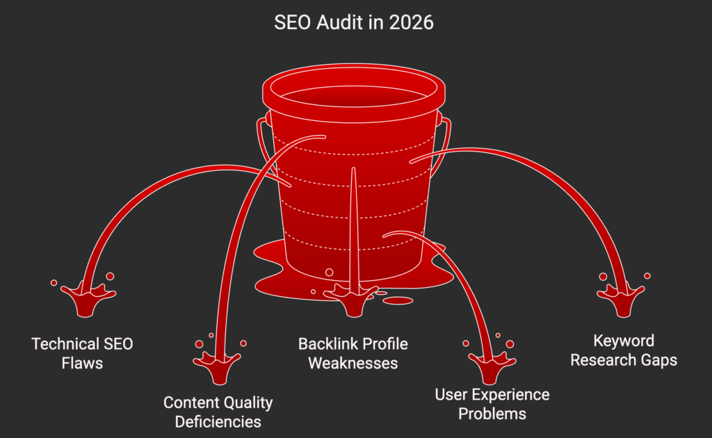 SEO Audit Checklist 2026: 47 Things to Check Before You Do Anything Else 1 Illustration of an SEO audit in 2026 showing a leaking bucket labeled technical SEO flaws, content quality deficiencies, backlink weaknesses, keyword research gaps, and user experience problems.