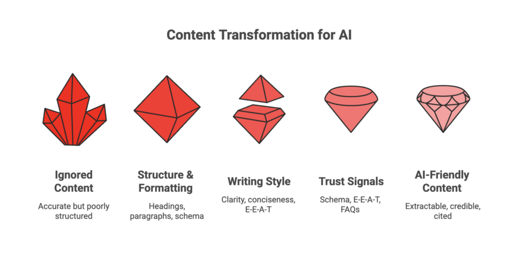 How to Write Content That AI Tools Can Extract and Trust 5 Content transformation process showing how structure, writing style, and trust signals create AI-friendly content