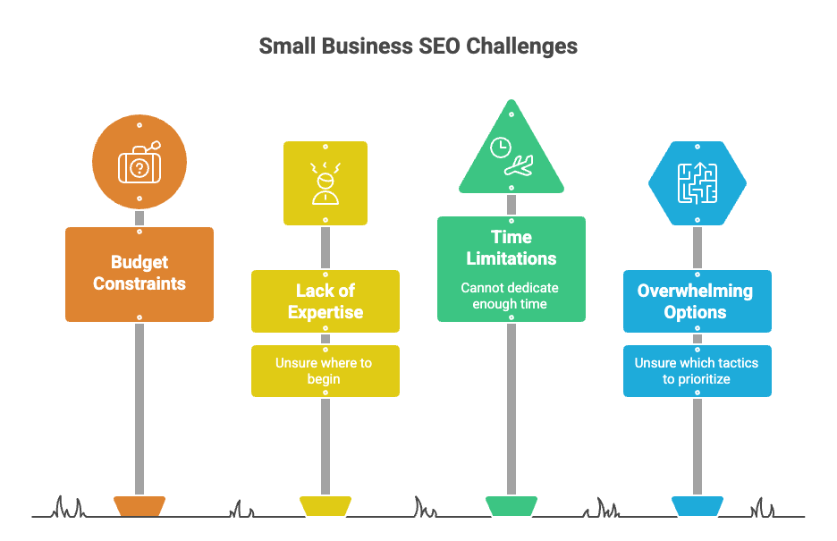 Small Business SEO challengess Small business SEO challenges such as budget constraints, lack of expertise, time limitations, and difficulty prioritizing SEO tactics
