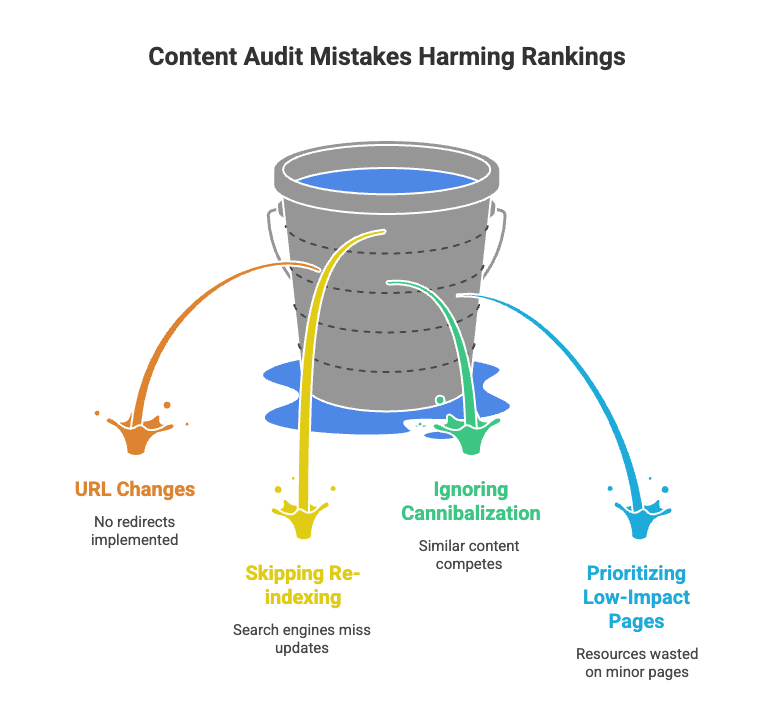 The Content Audit Guide: How to Turn Old Blog Posts Into SEO Assets 8 Diagram showing common content audit mistakes including URL changes, cannibalization, and indexing issues