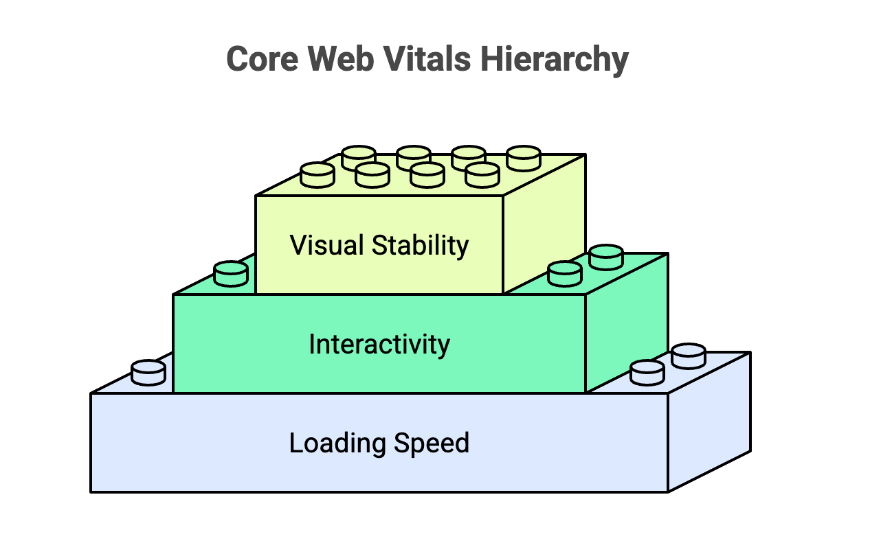 Core Web Vitals Hierarchy Core Web Vitals hierarchy visual showing loading speed as foundation, interactivity in the middle, and visual stability at the top.