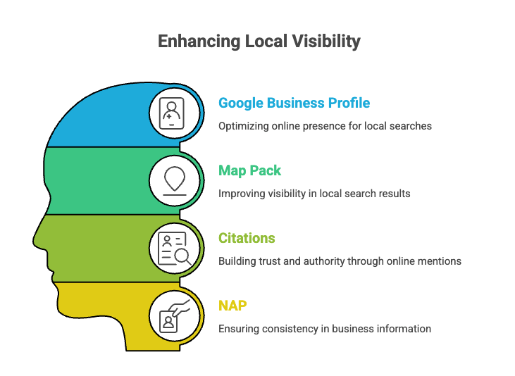 Why Local SEO Is Critical for Toronto Business Growth in 2026 1 Local SEO visibility diagram highlighting Google Business Profile, Map Pack rankings, citations, and NAP consistency.
