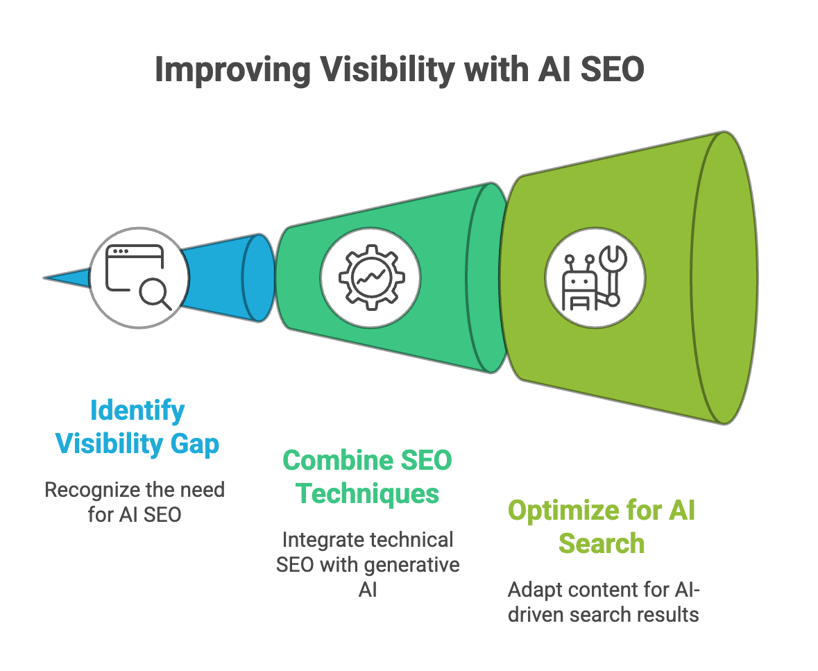Funnel diagram illustrating three steps to improve search visibility with Best AI SEO agencies in Toronto: identify the visibility gap, combine SEO techniques, and optimize for AI search.
