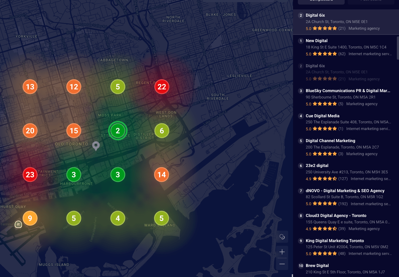 Why Local SEO Is Critical for Toronto Business Growth in 2026 9 Local ranking grid heatmap showing keyword position variations across different geographic points in a city.