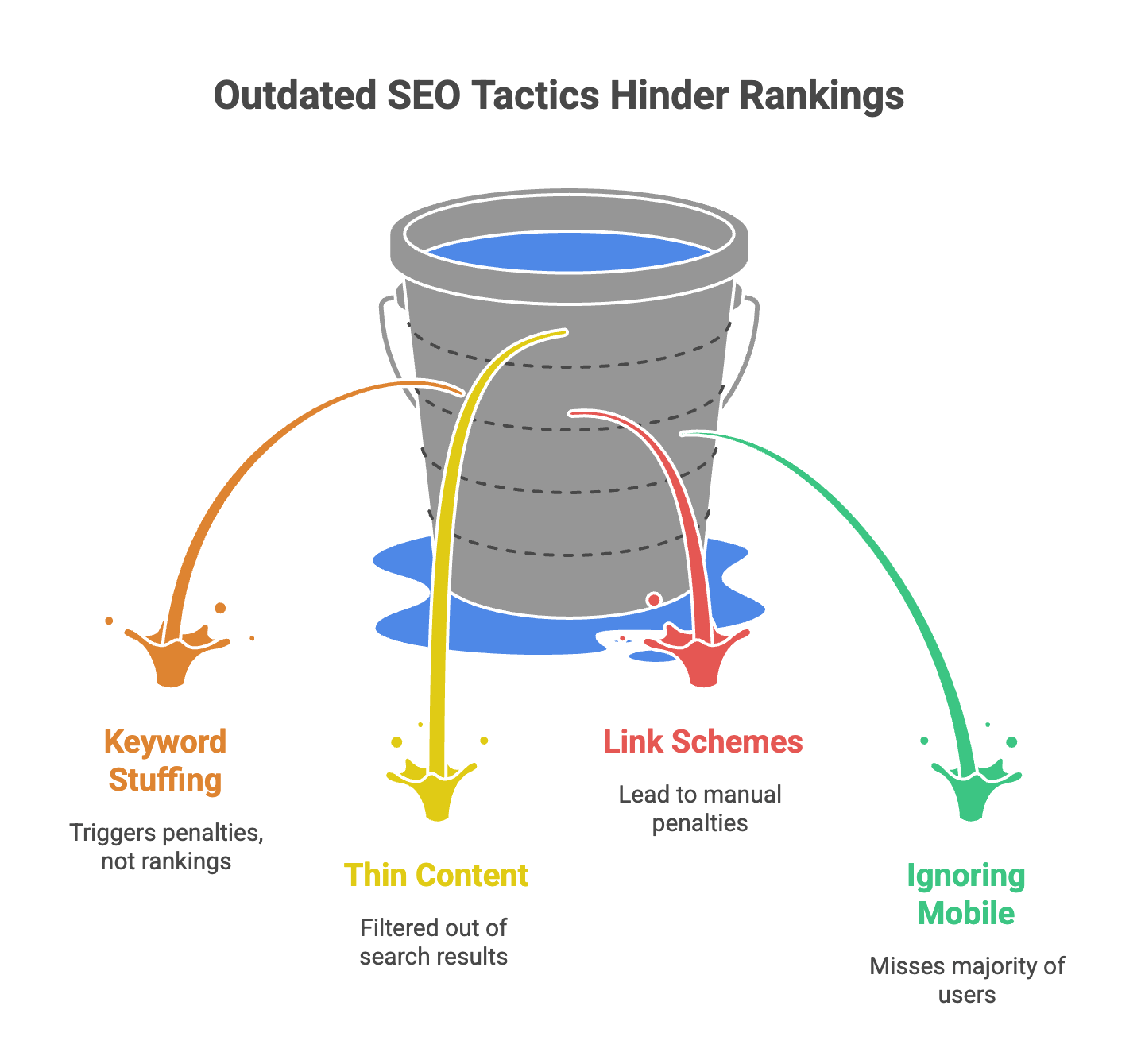 Leaky bucket infographic showing four outdated SEO tactics that hurt search rankings: keyword stuffing, thin content, link schemes, and ignoring mobile.