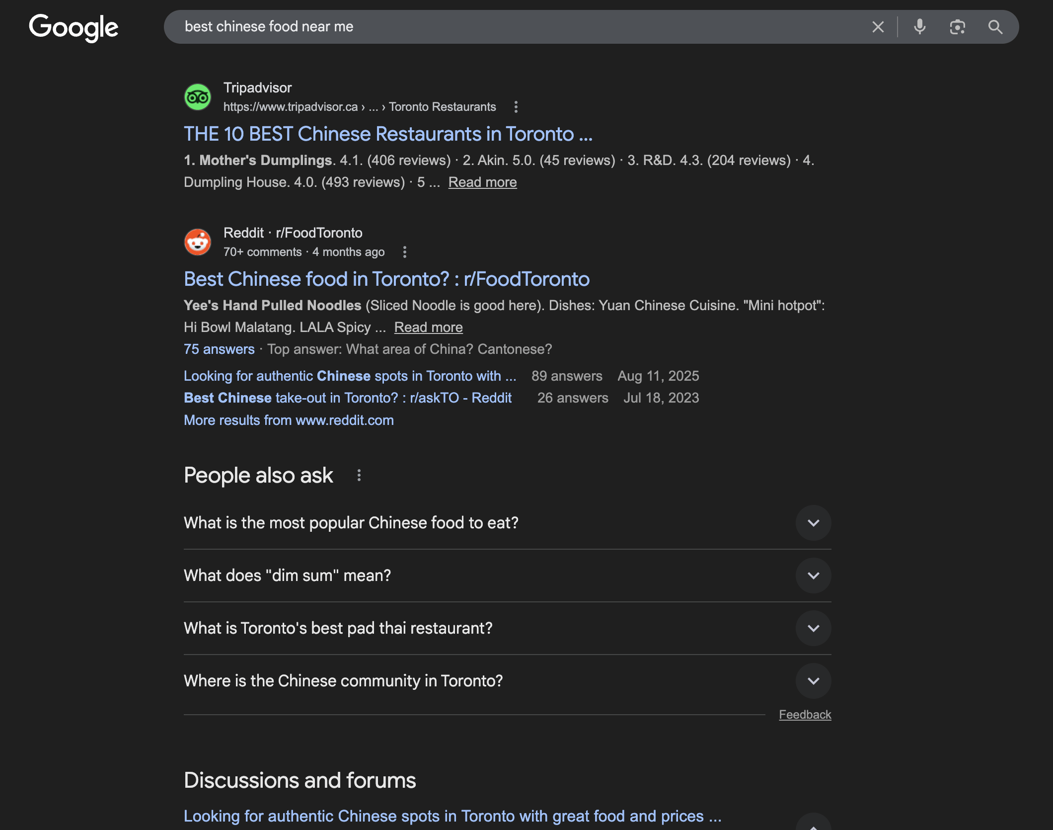 How Community SEO Is Reshaping Search in 2026 1 Example of Google SERPs where community platforms like Reddit appear alongside traditional websites for the query “best Chinese food near me.”