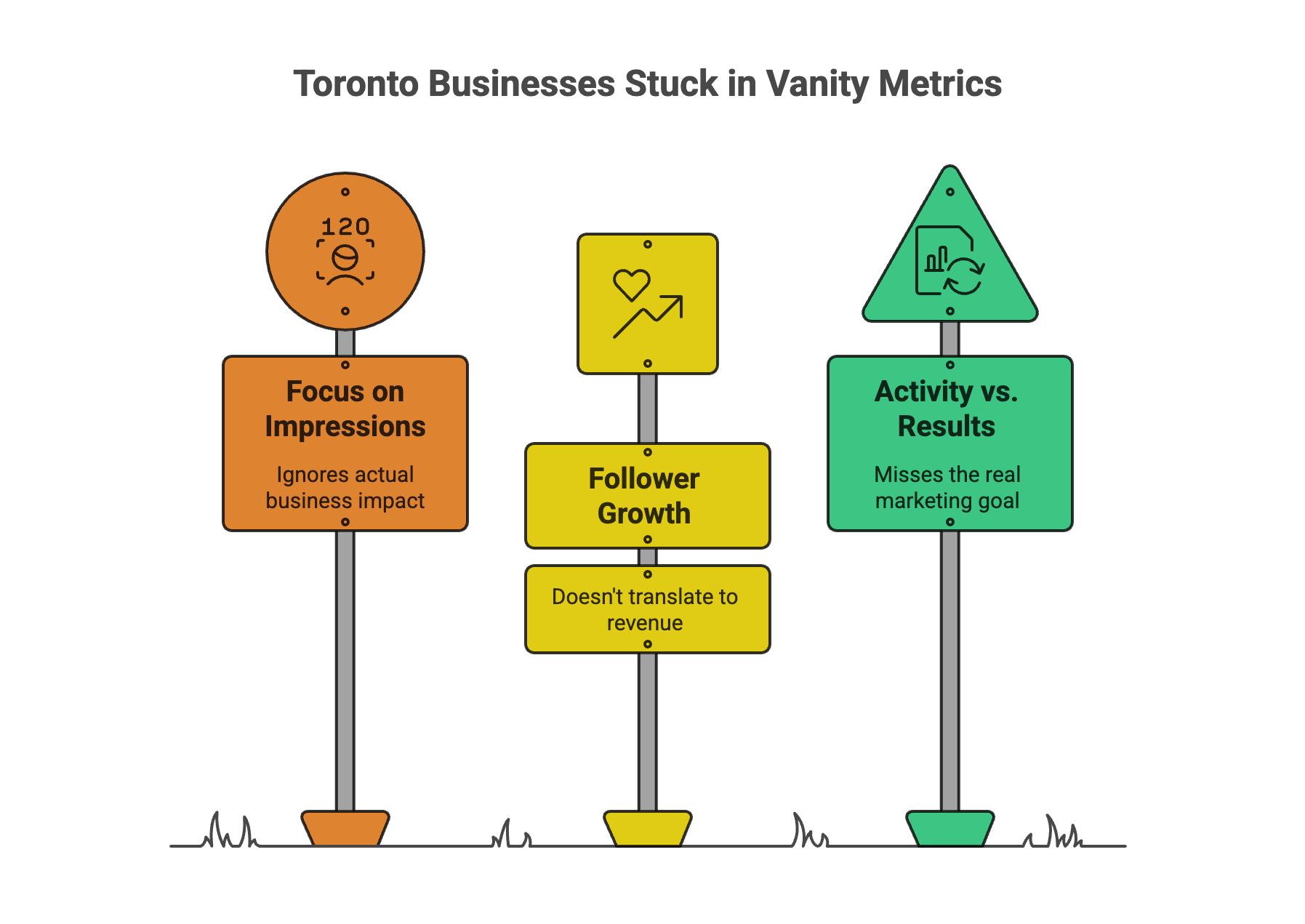 Toronto Businesses Stuck in Vanity Metrics Diagram showing Toronto businesses focusing on impressions and followers instead of results