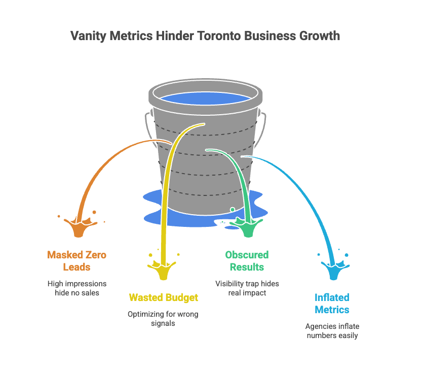 Your Marketing Metrics Look Great - But Why Isn't Your Phone Ringing? 1 Illustration showing vanity metrics hiding zero leads, wasted budget, and inflated marketing numbers