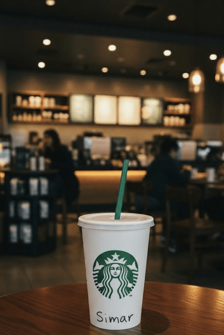 A coffee cup with the name Simar written on it