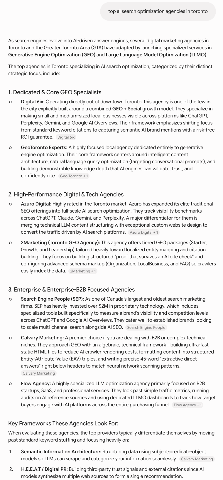 Gemini answer to the query top AI search optimization agencies in Toronto, listing Digital 6ix first among the recommended agencies