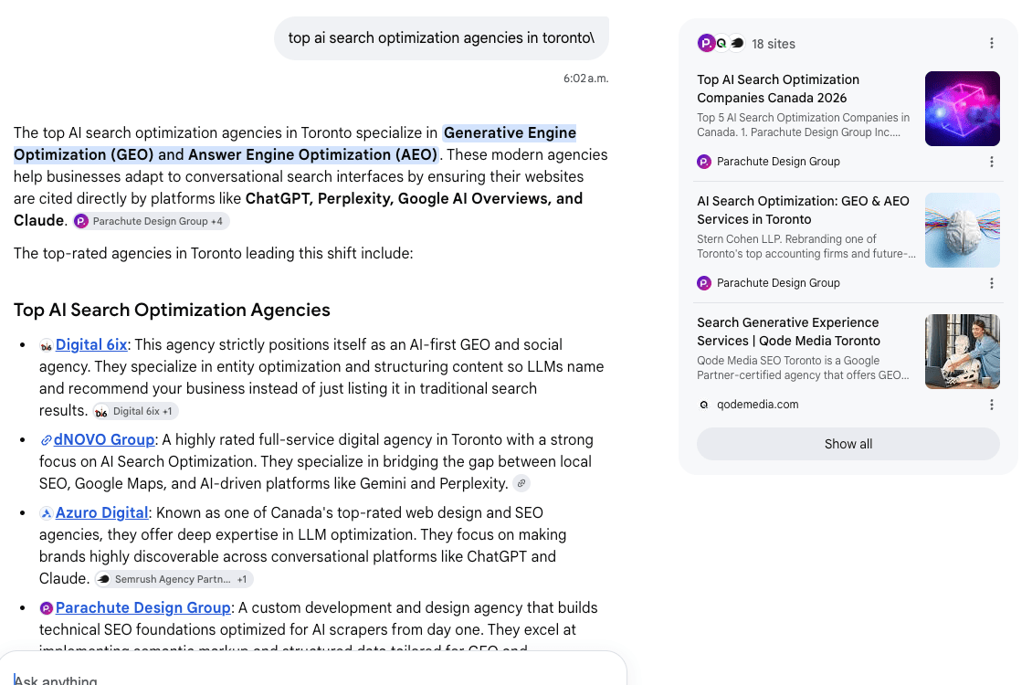 Google AI Mode answer listing Digital 6ix first under Dedicated and Core GEO Specialists for Toronto AI search optimization agencies
