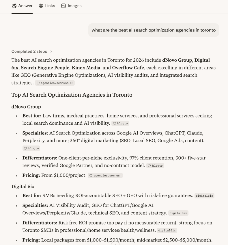 Perplexity answer naming Digital 6ix in its shortlist of the best AI search optimization agencies in Toronto for 2026