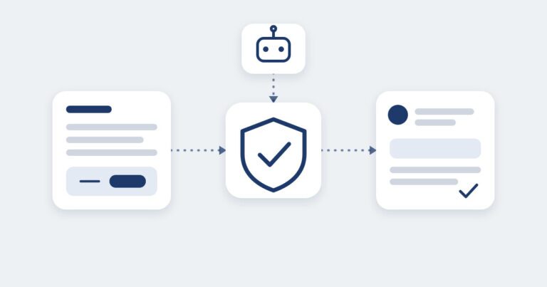 Light grey-blue infographic: a web page card connects through a shield with a check mark, fed by a small robot icon, to an answer card