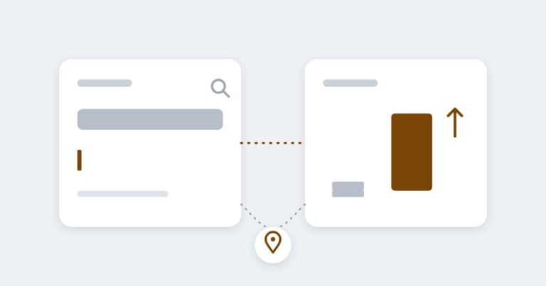 Two cards: one with a long grey bar and a thin accent sliver, one with a tall accent bar and a rising arrow, joined by a dotted line to a map pin