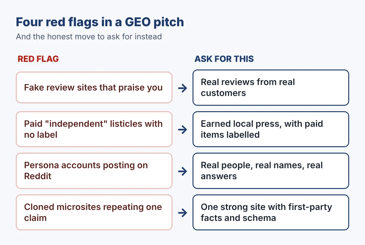 Claude Now Bans Fake Sources Built to Sway AI Answers. Here's the Line Between Real GEO and Getting Burned 4 Four red flags in a GEO pitch, each paired with an honest alternative: fake review sites versus real customer reviews, unlabelled paid listicles versus earned local press, persona accounts versus real people, cloned microsites versus one strong site with first-party facts and schema